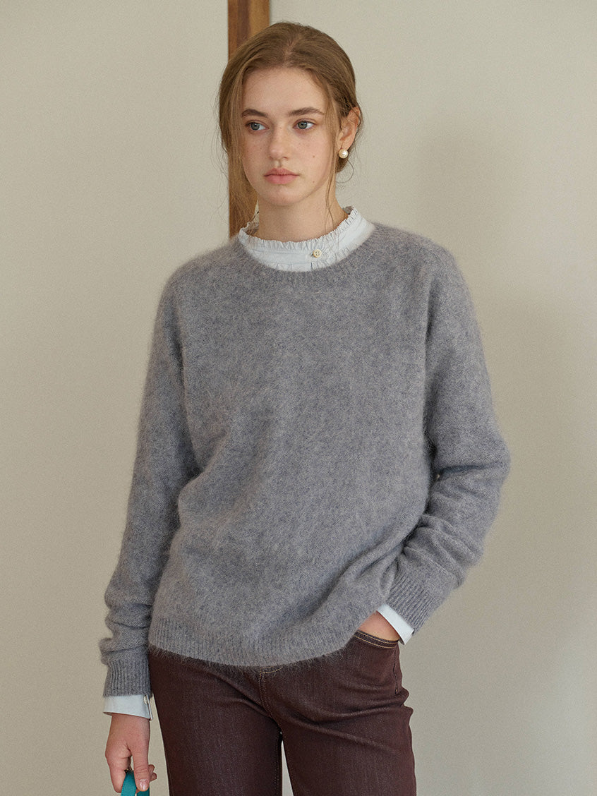 Tru Cloud-Soft Wool Round Neck Sweater Flowers Grey