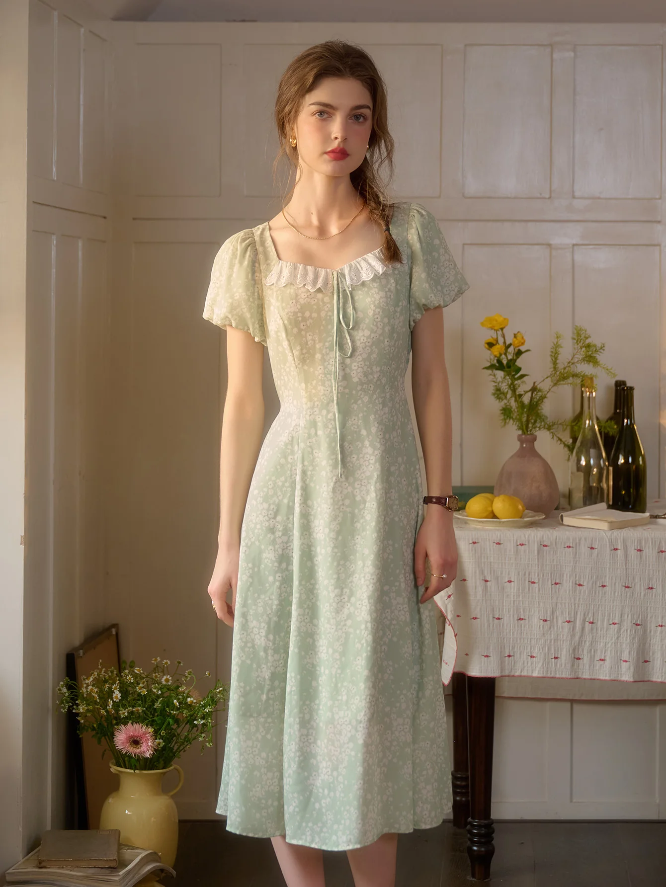 Emma Square Neck Lace Puff Sleeves Dress