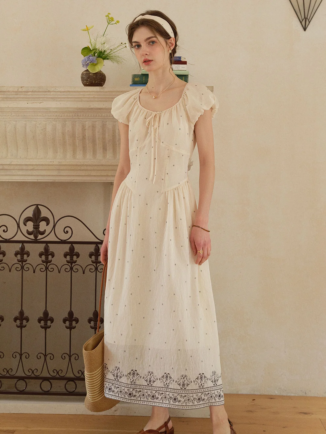 Gabriella Round Neck Printed Linen Dress