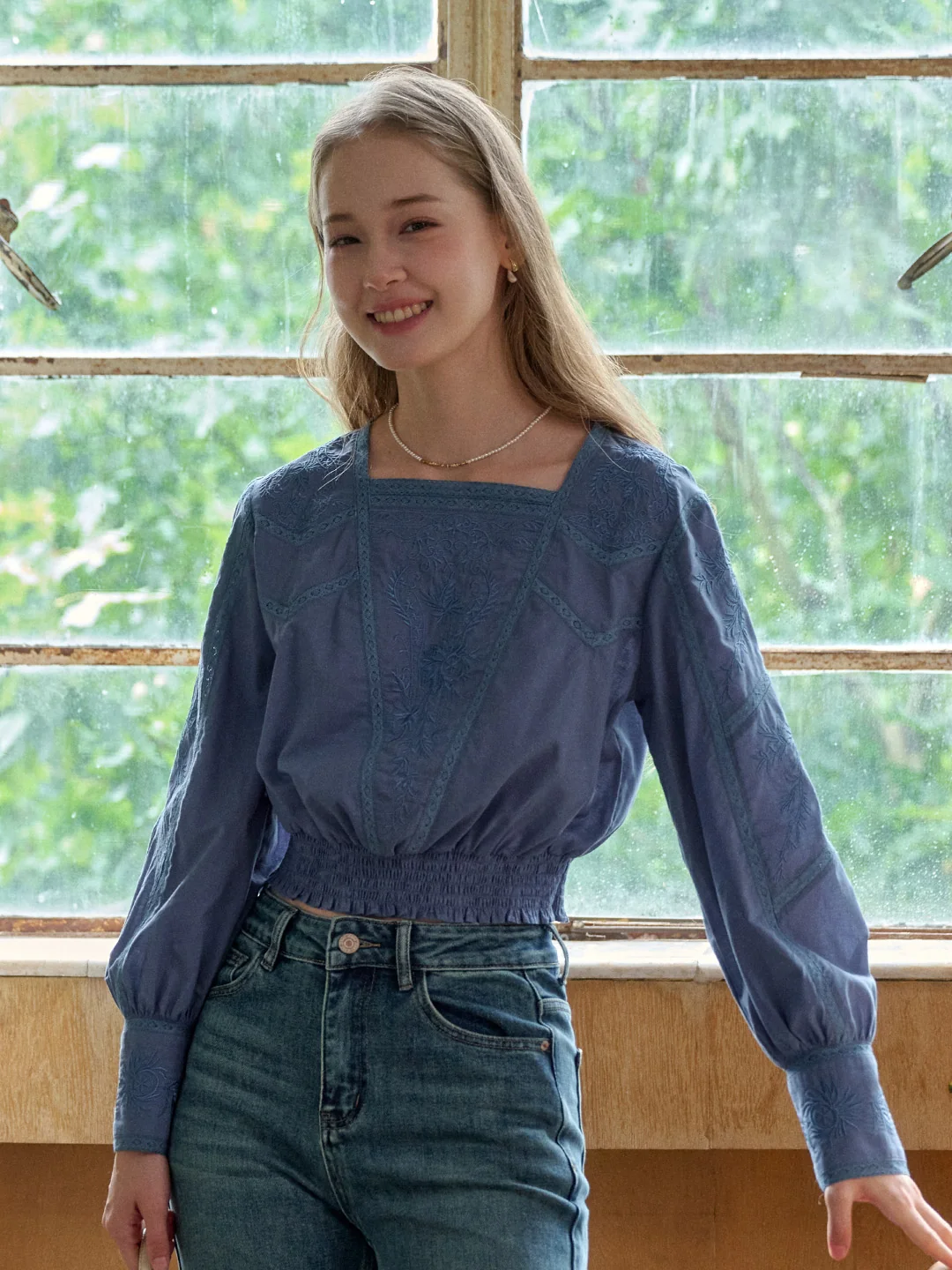 Oakley Square Neck Embroidery 100% Cotton Blouse