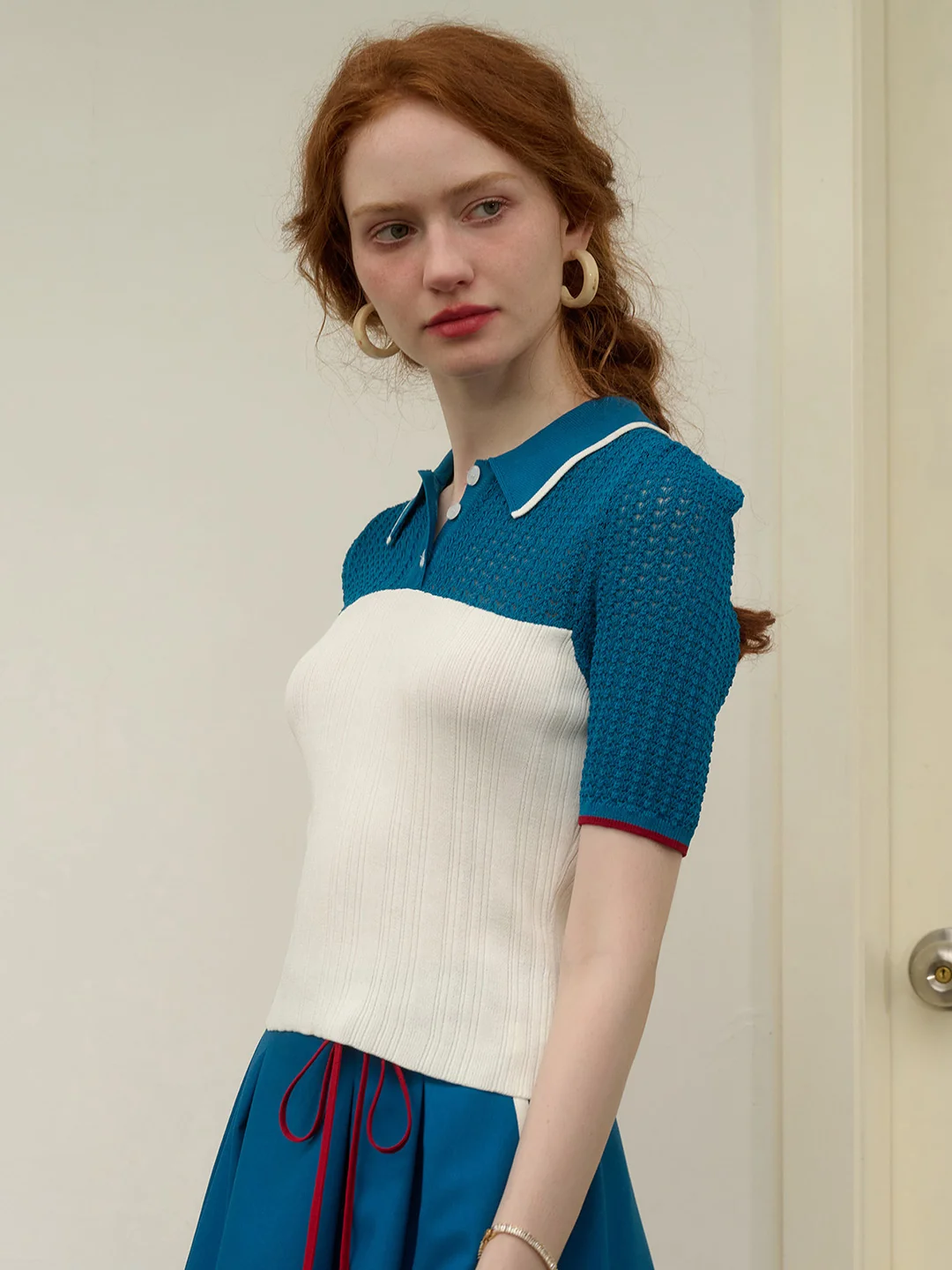 【Final Sale】Harmoni Notched Lapel Contrasting Knitted Top