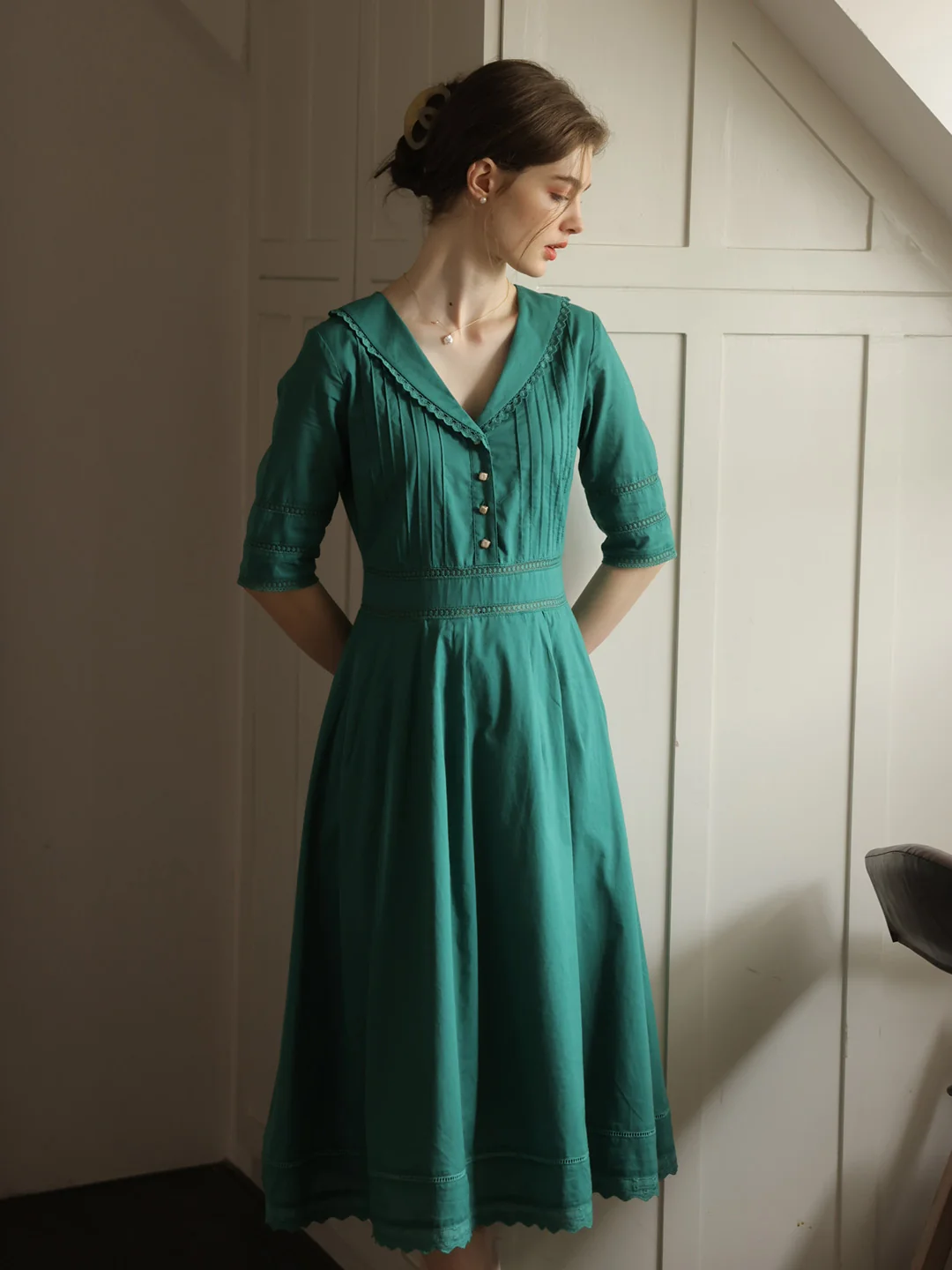 Fiona 100% Cotton Emerald Green Midi Dress