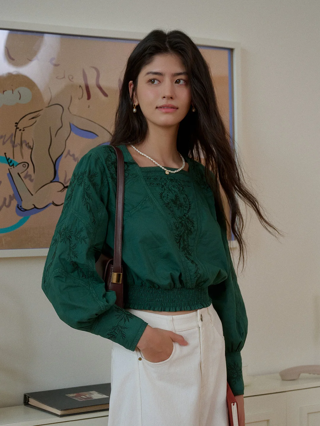 【Final Sale】Oakley Square Neck Embroidery 100% Cotton Blouse