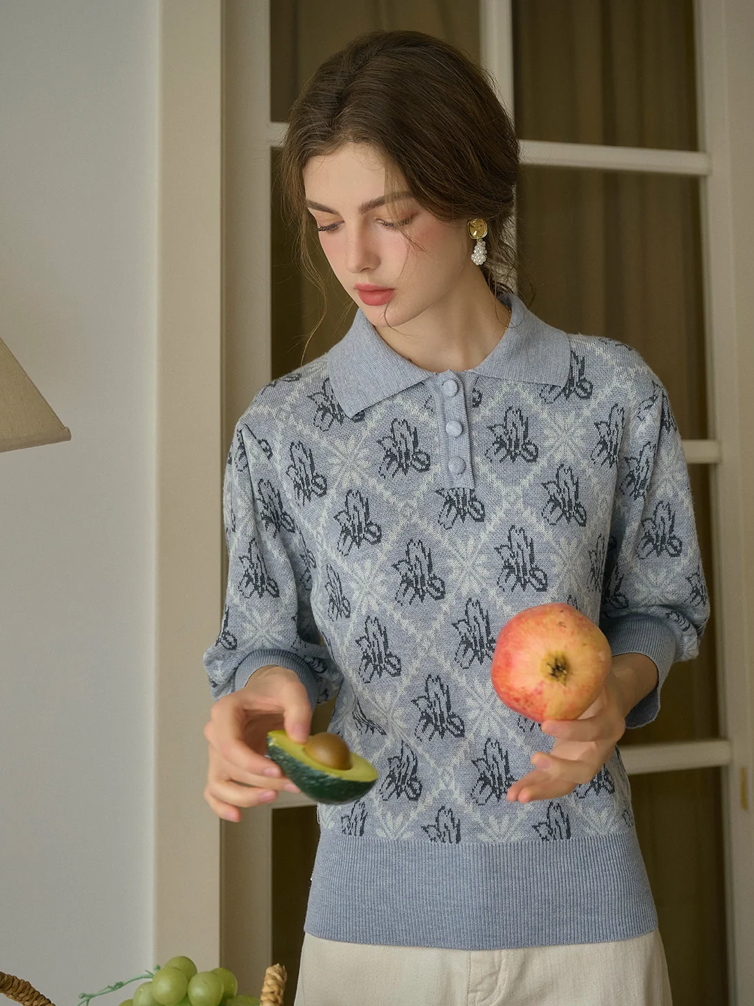 【Final Sale】Tamsin Polo Collar Floral Knit Wool Top - Gray