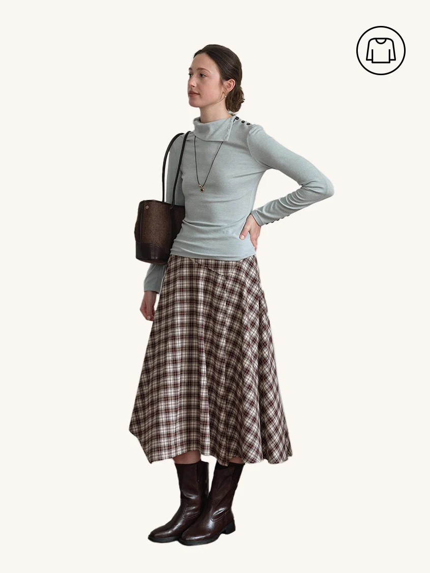 2Pcs Set Janina Draped Collar Slim-Fit Ruched Top&Varvara 100% Cotton Irregular-Hem Plaid Midi Skirt