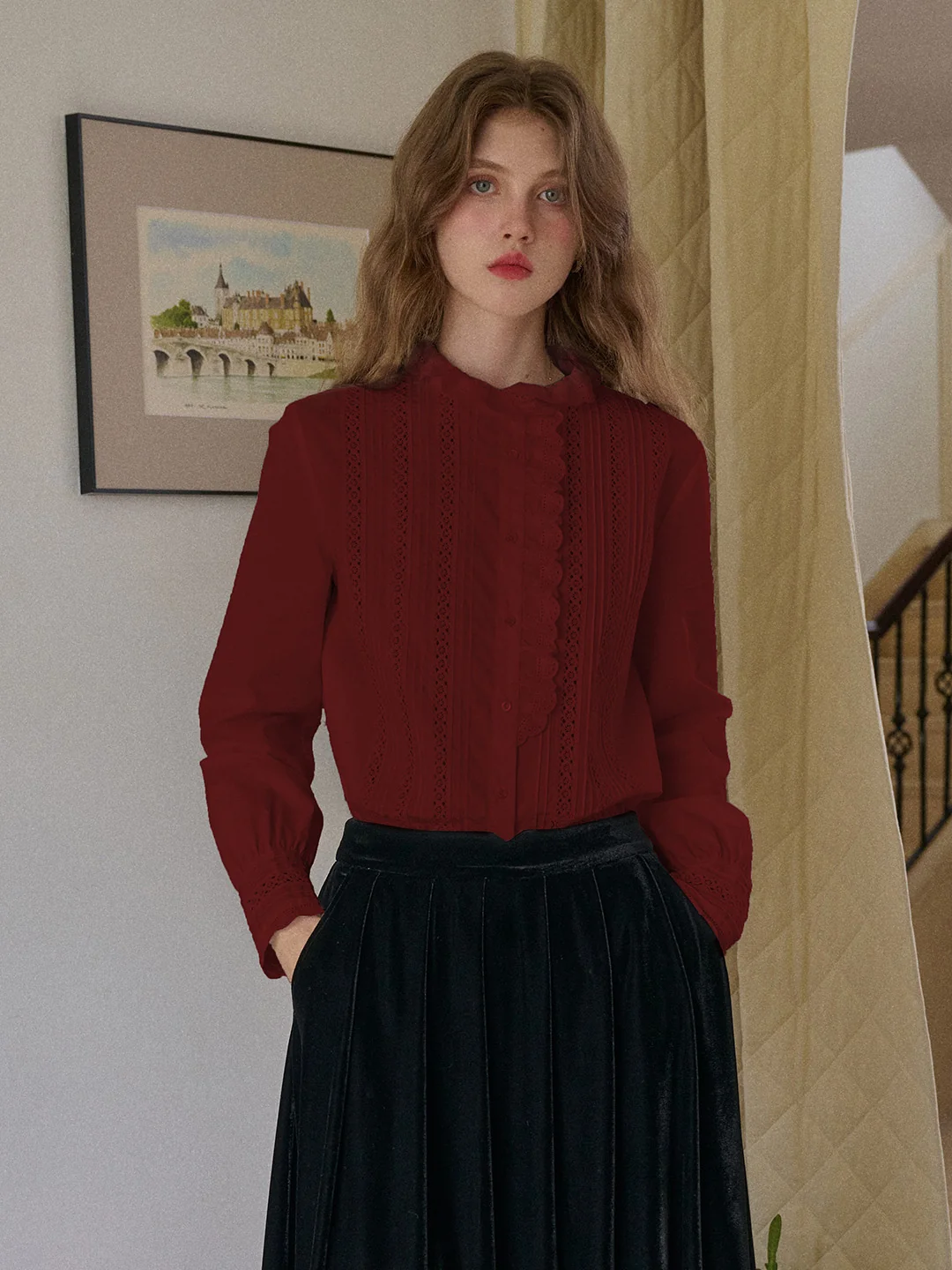 Journi Ruffle Collar Hollow 100% Cotton Blouse