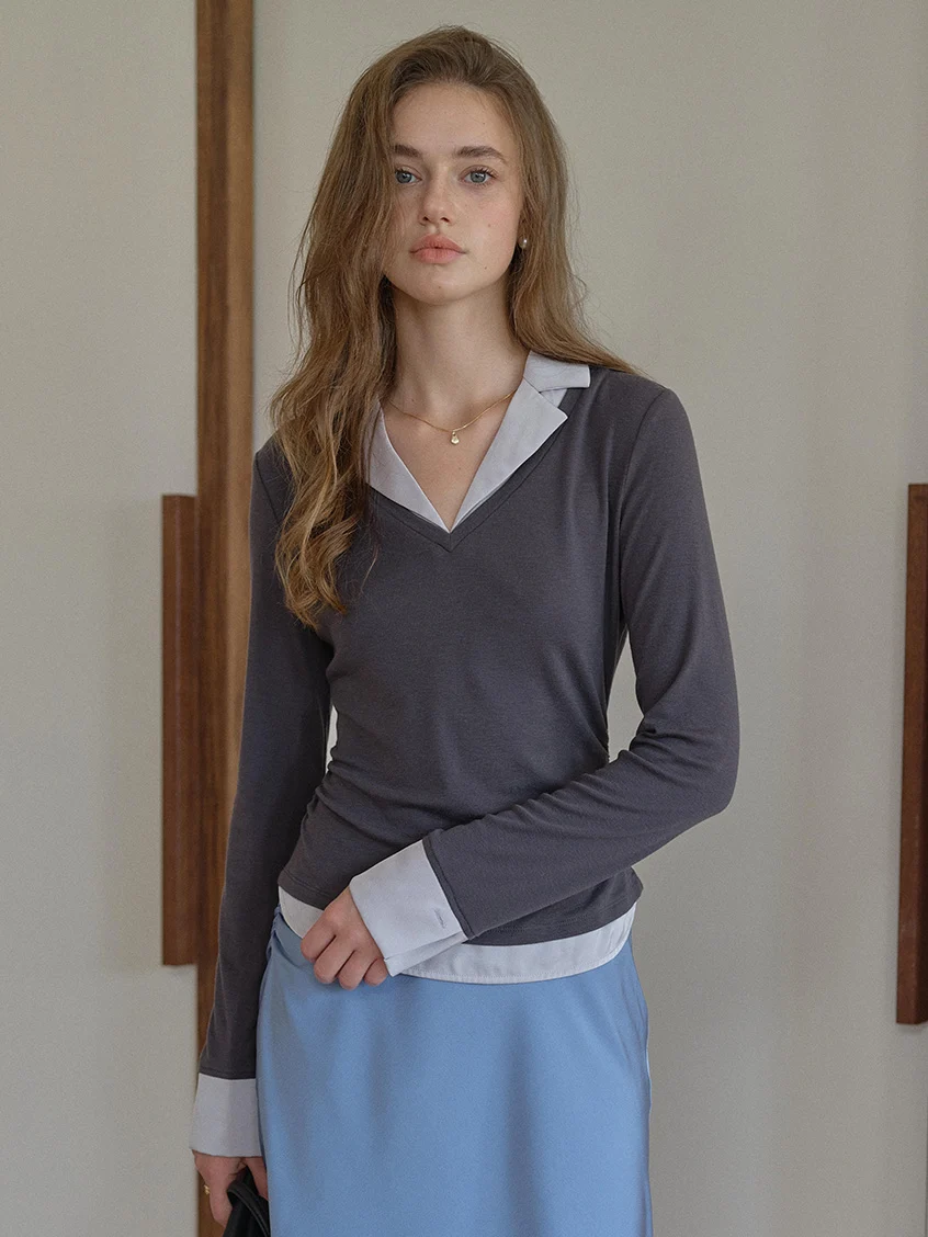 Malia Simple Two-Tone Layered Blouse