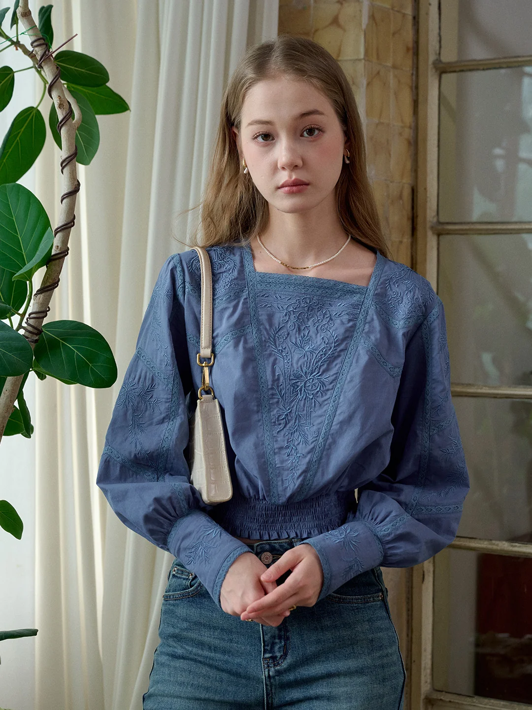 Oakley Square Neck Embroidery 100% Cotton Blouse