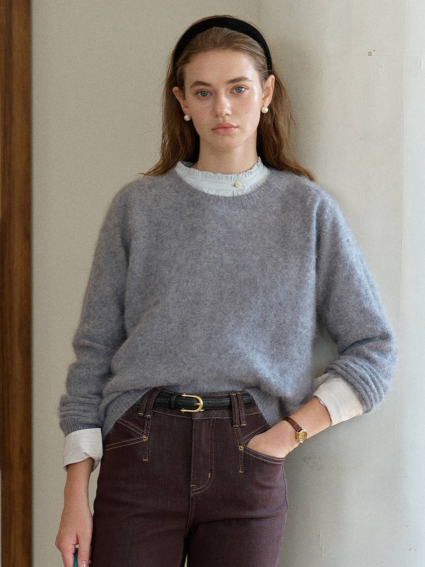 Tru Cloud-Soft Wool Round Neck Sweater Flowers Grey
