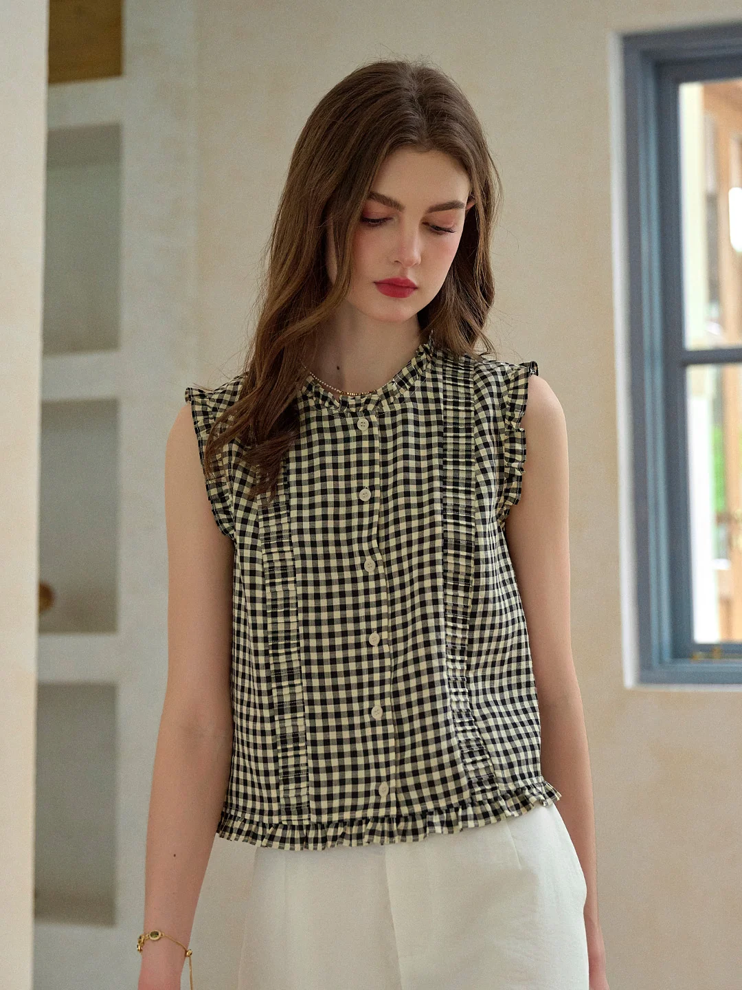 Tessa Round Neck Plaid Sleeveless Viscose Top