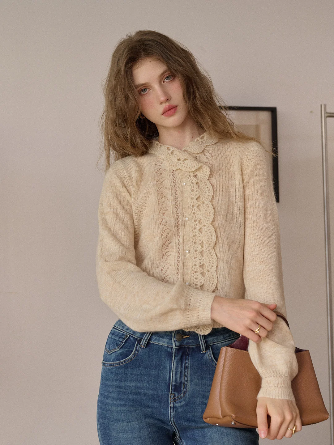 Lauren Wavy Collar Hollow Knit Cardigan