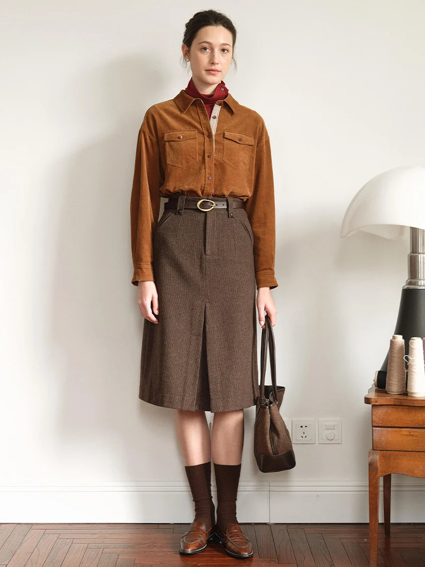 Zeta Pocket Button Front-Slit A-Line Midi Skirt