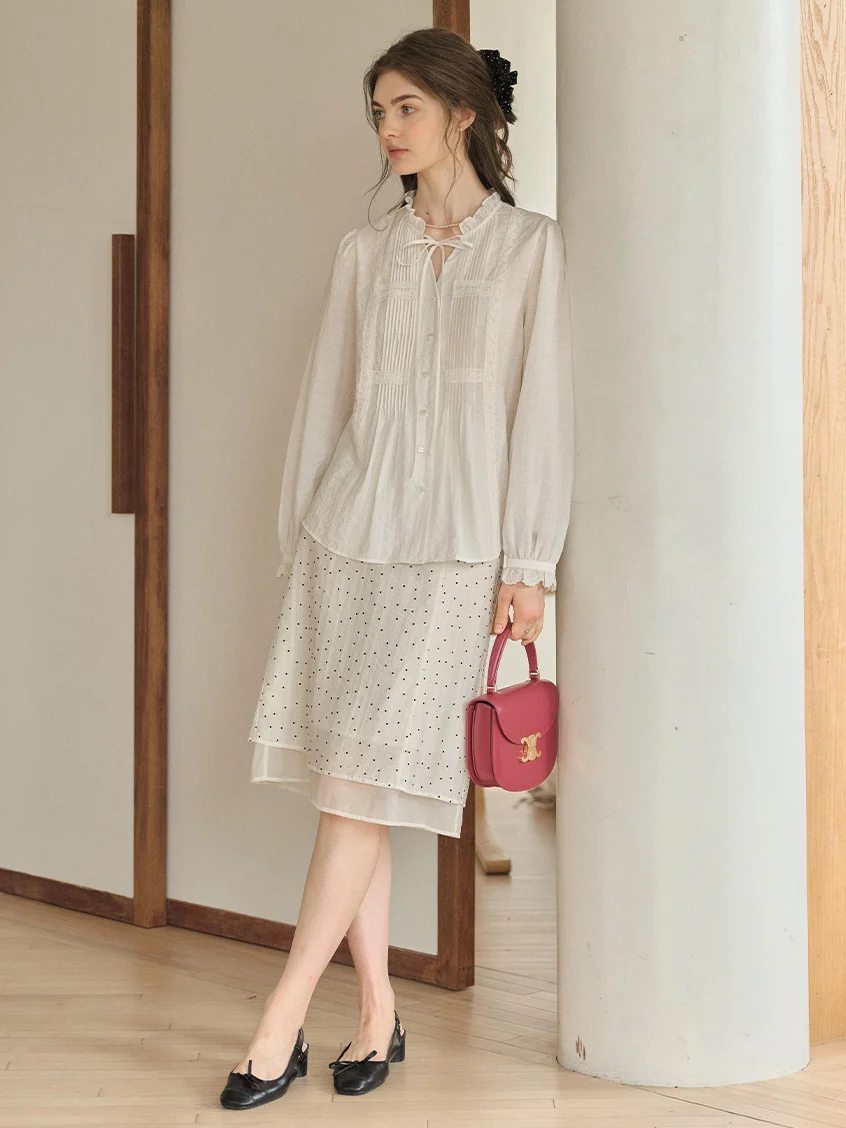 Cassia Pleated Ruffle Collar Lyocell Lace Blouse