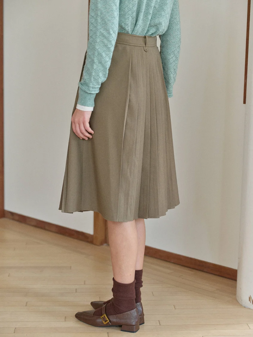 Clare High-Waist Button-Front Pleated A-Line Midi Skirt