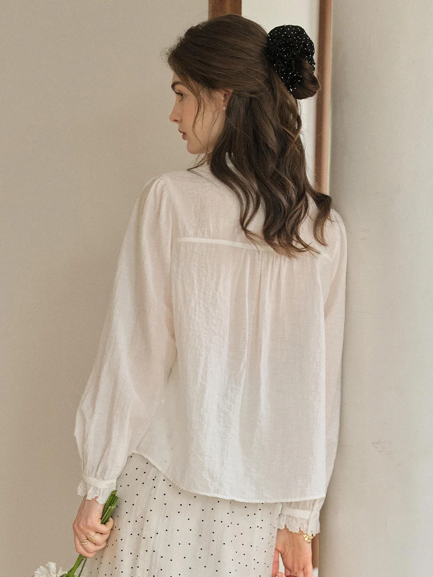 Cassia Pleated Ruffle Collar Lyocell Lace Blouse