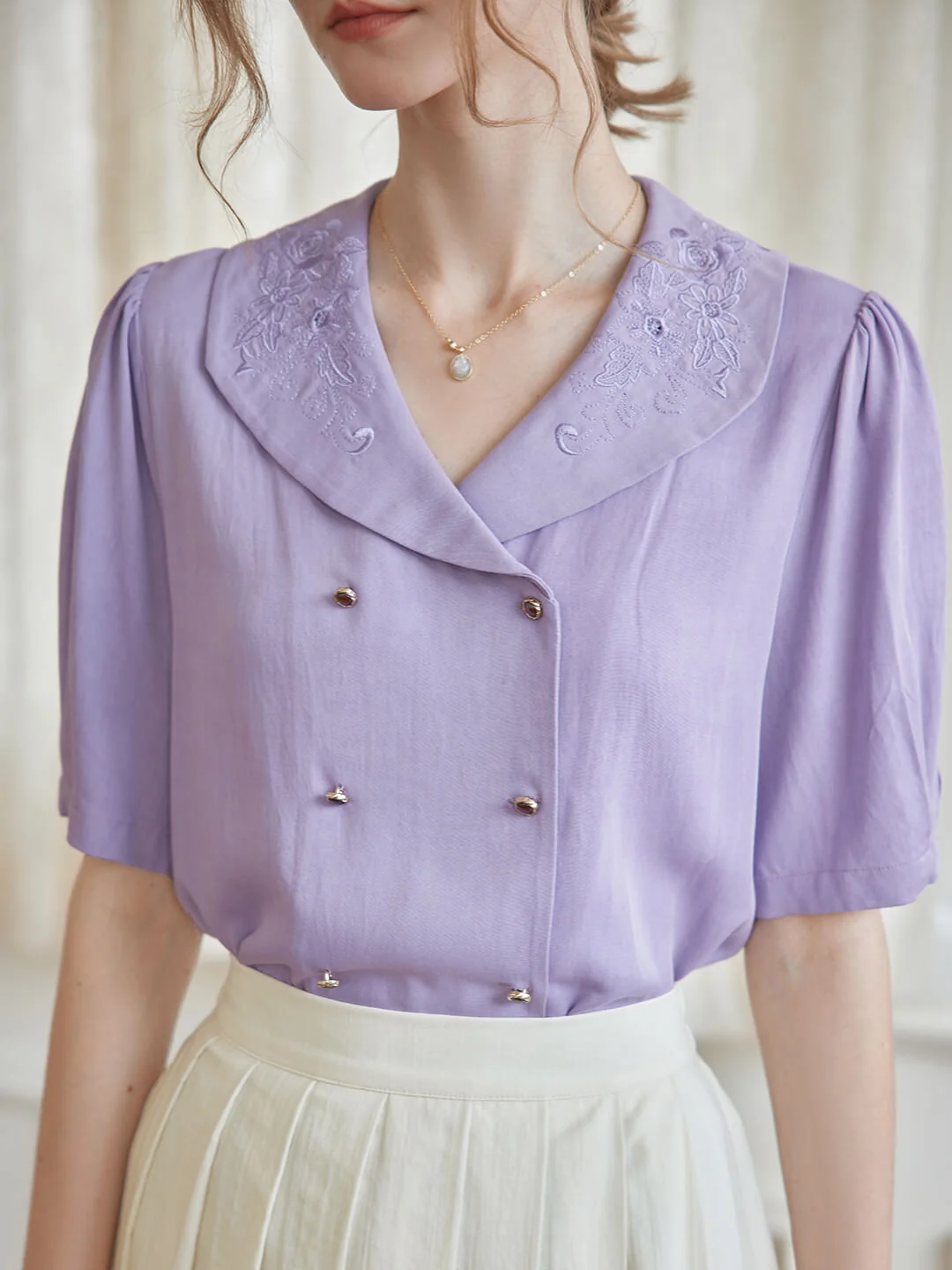 Andrea Flora Embroidered Collar Purple Blouse
