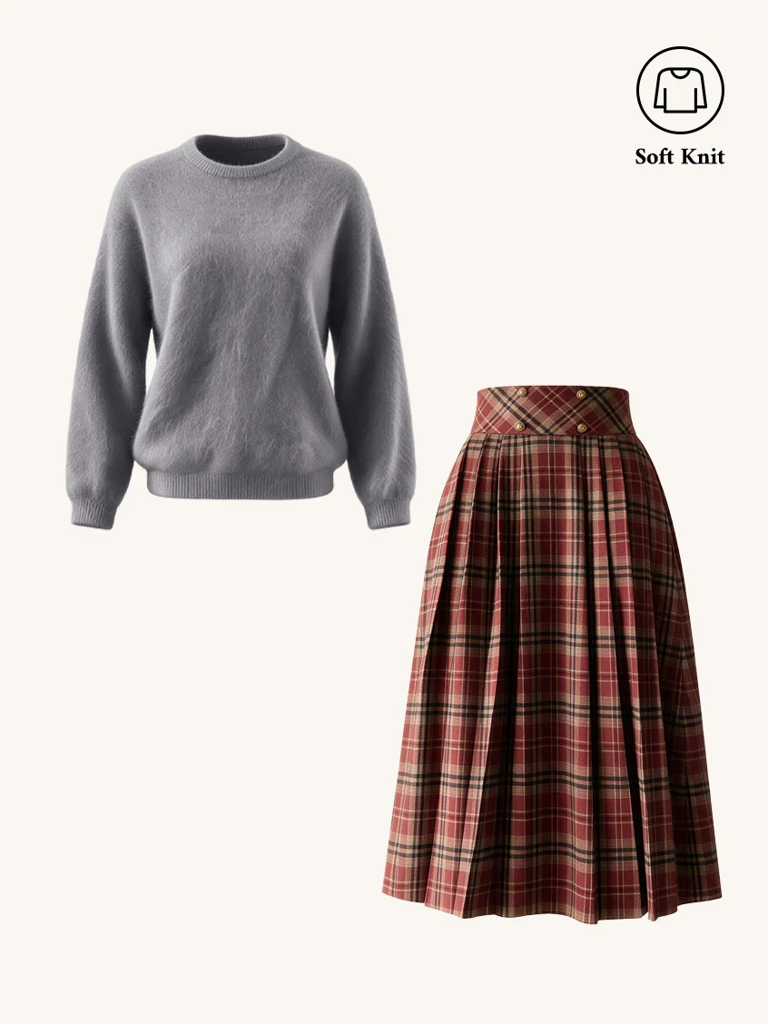 2Pcs Set Tru Cloud-Soft Wool Round Neck Sweater Flowers Grey & Georgina A-Line Plaid Skirt