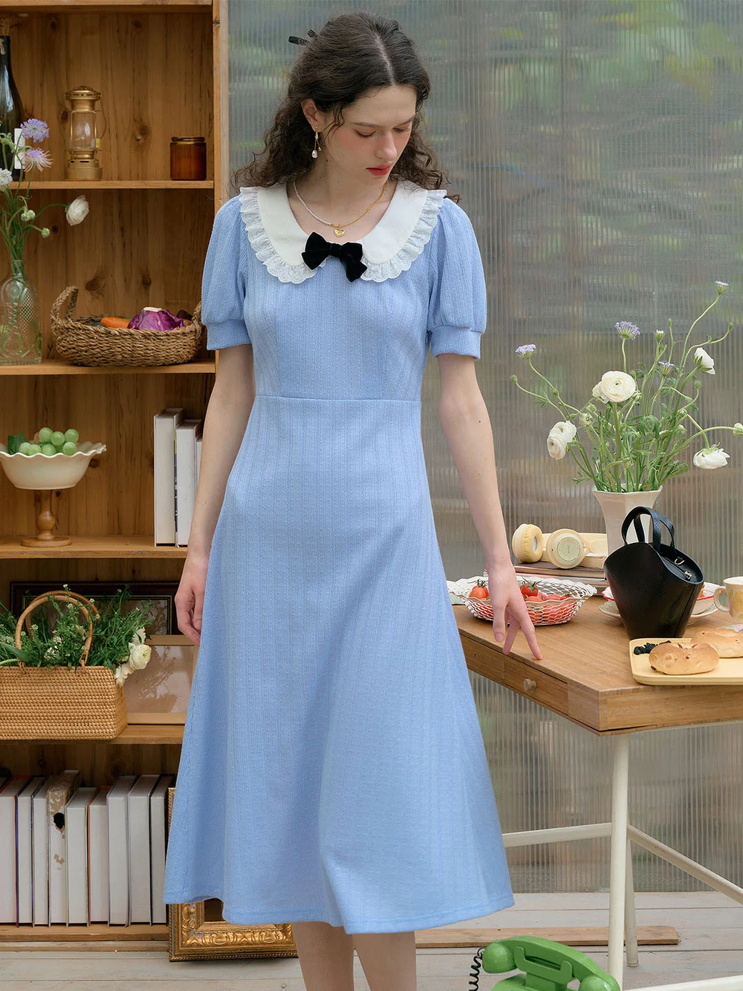 Bonnie Contrast Bow Lace Doll Neck Dress