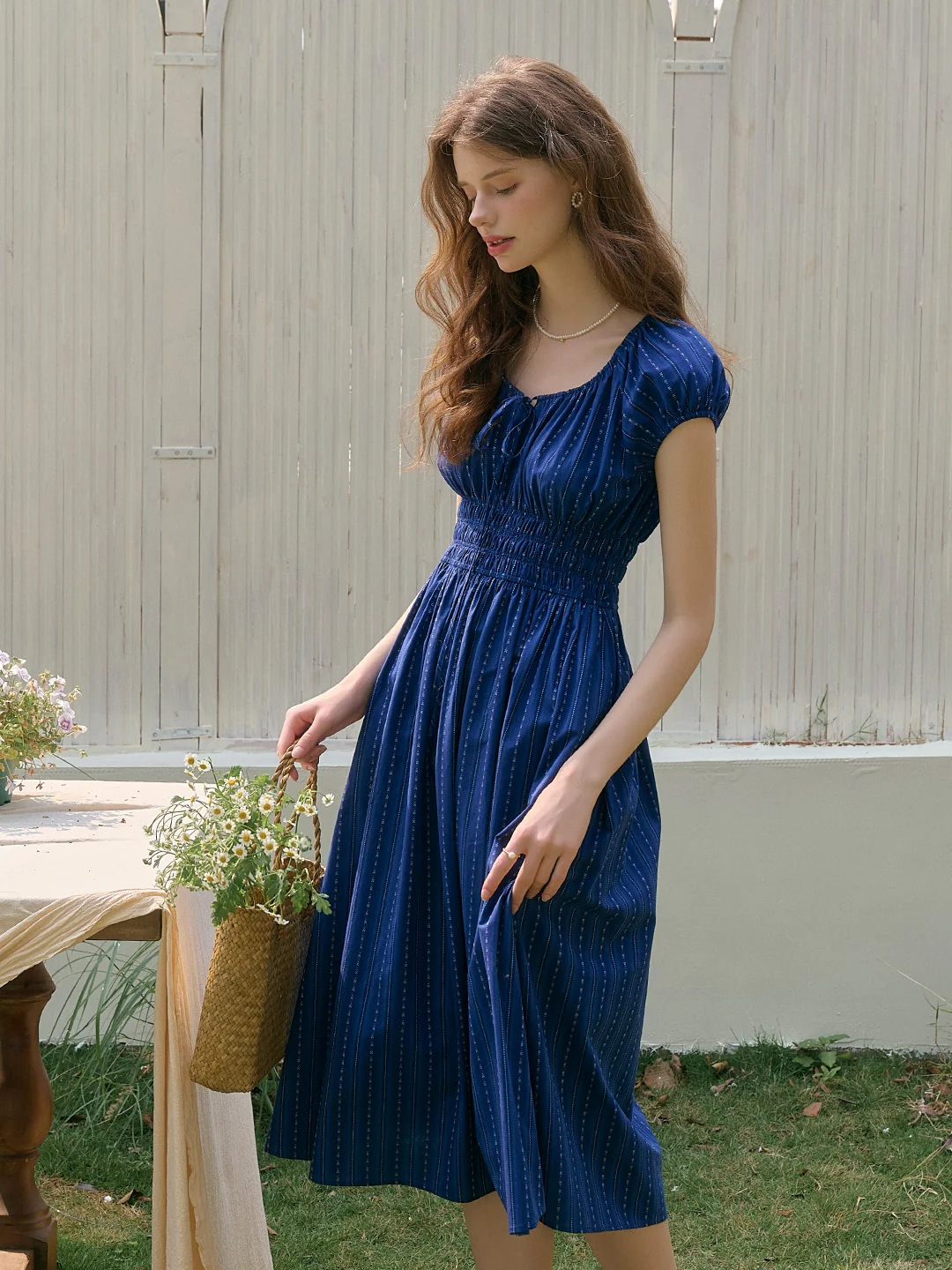Sapphire Round Neck Waist Cotton Dress