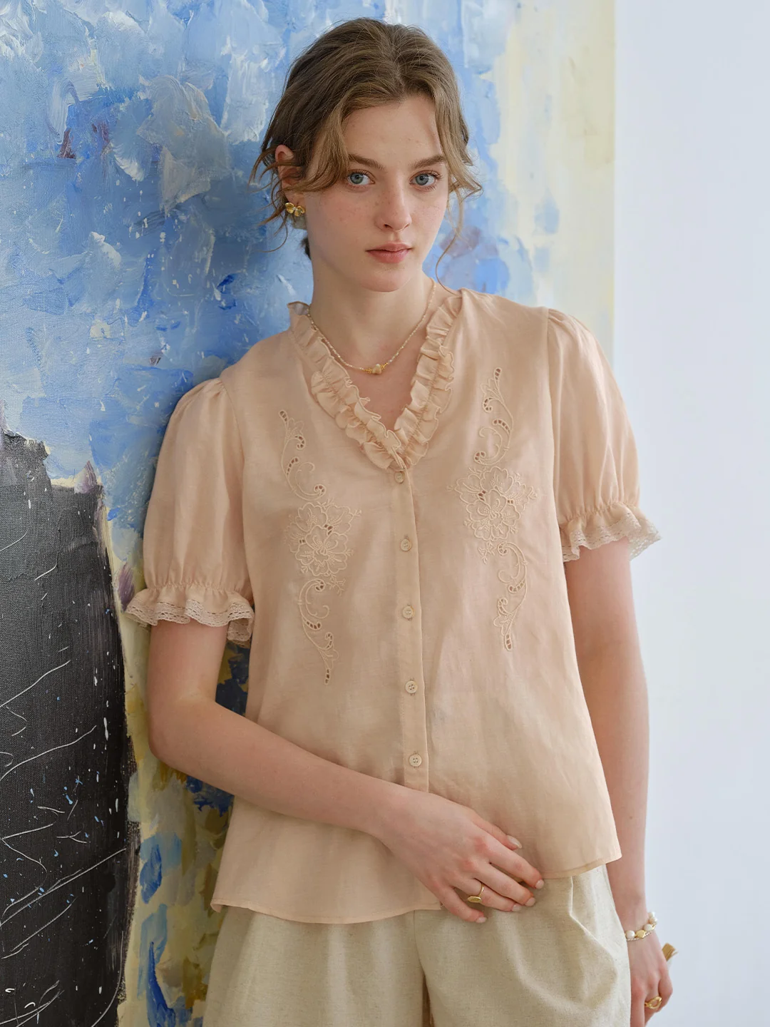 Amelia V- Neck Embroidered Ramie Blouse