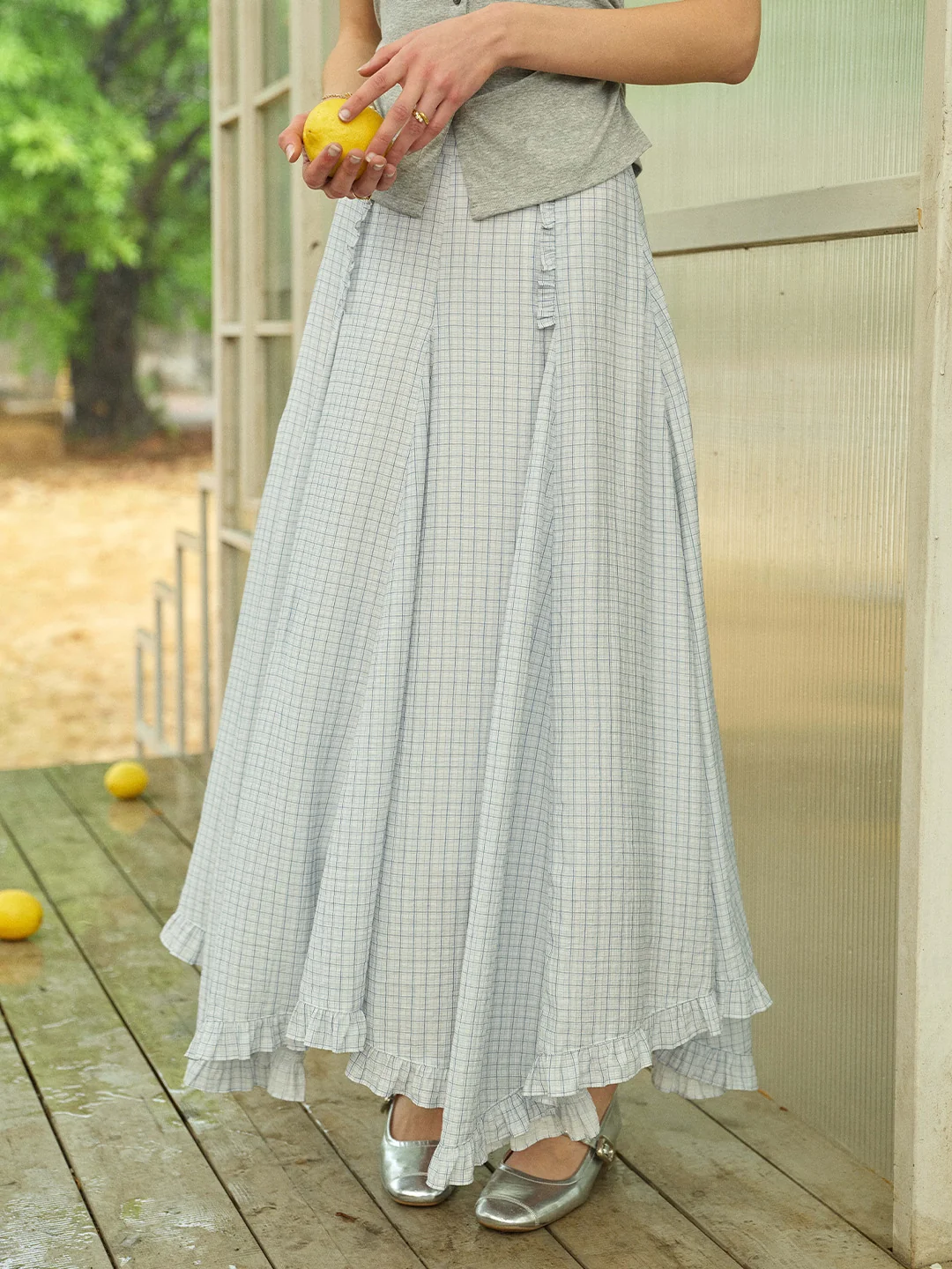 Aylani Ruffle Plaid Pleated Maxi Skirt