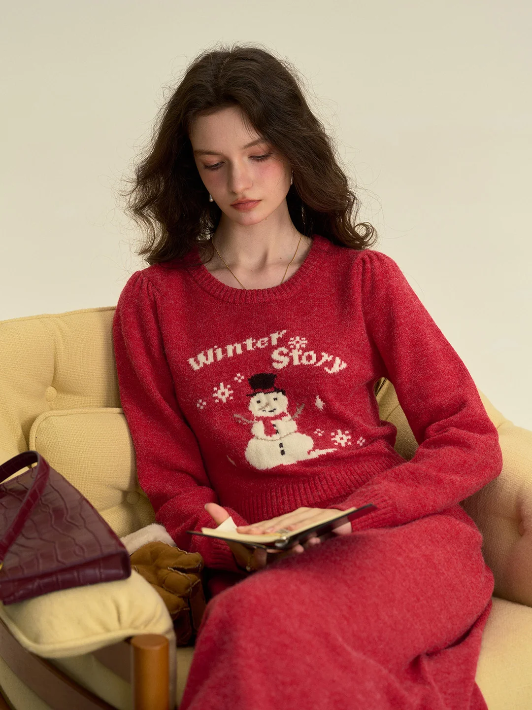 【Final Sale】Natalie Round Neck Snowman Wool Dress