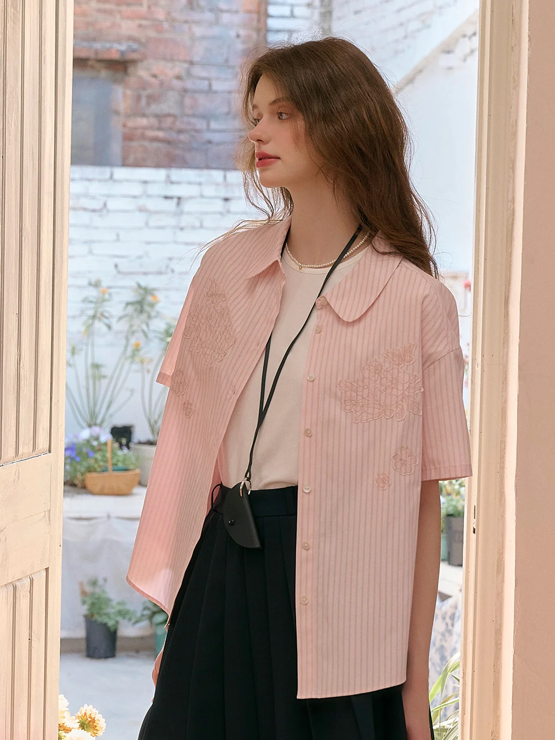 Eden Lapel Embroidery Striped Top