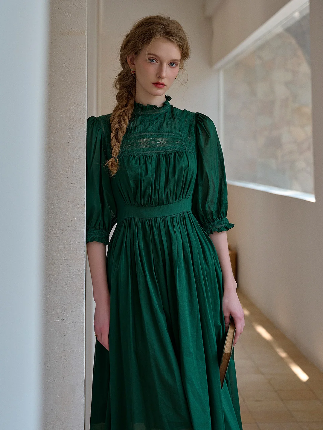 Averie Lace Panel Emerald Green Cotton Dress