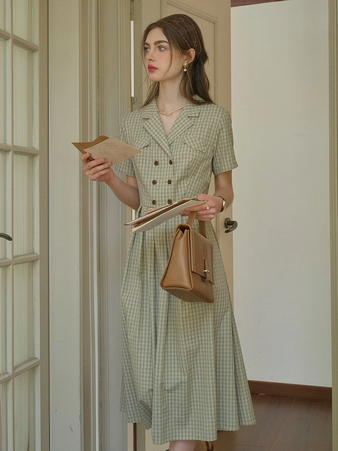 Elena V-Neck Lapel Plaid Dress