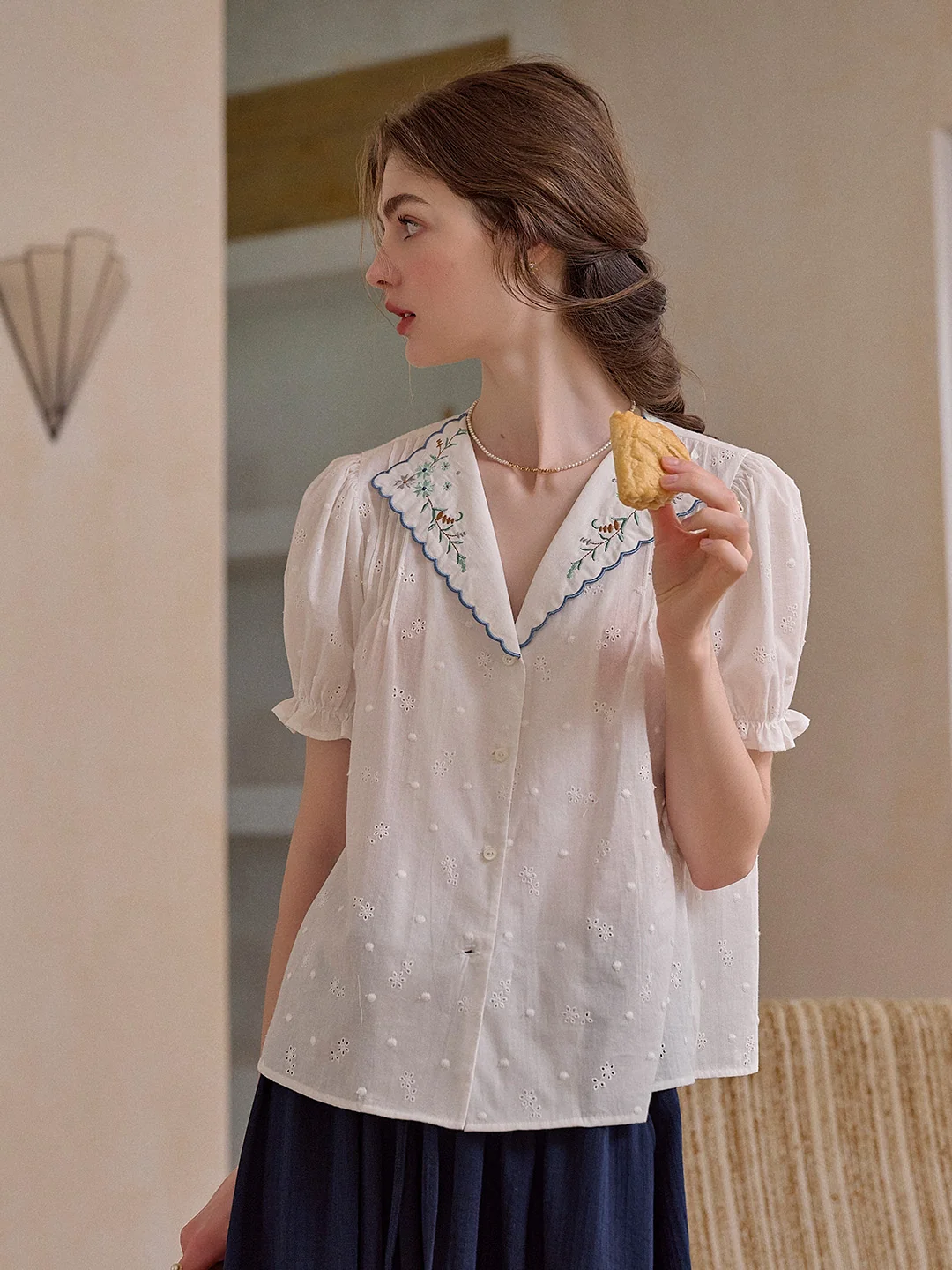 Lainey V-Neck Embroidery 100% Cotton Blouse