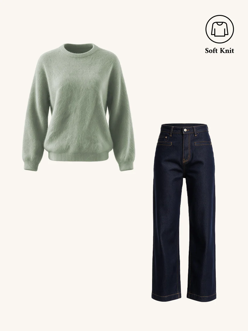 2PCS Set Tru Cloud-Soft Wool Round Neck Sweater Pale Green & Luisa Versatile Cotton Jeans