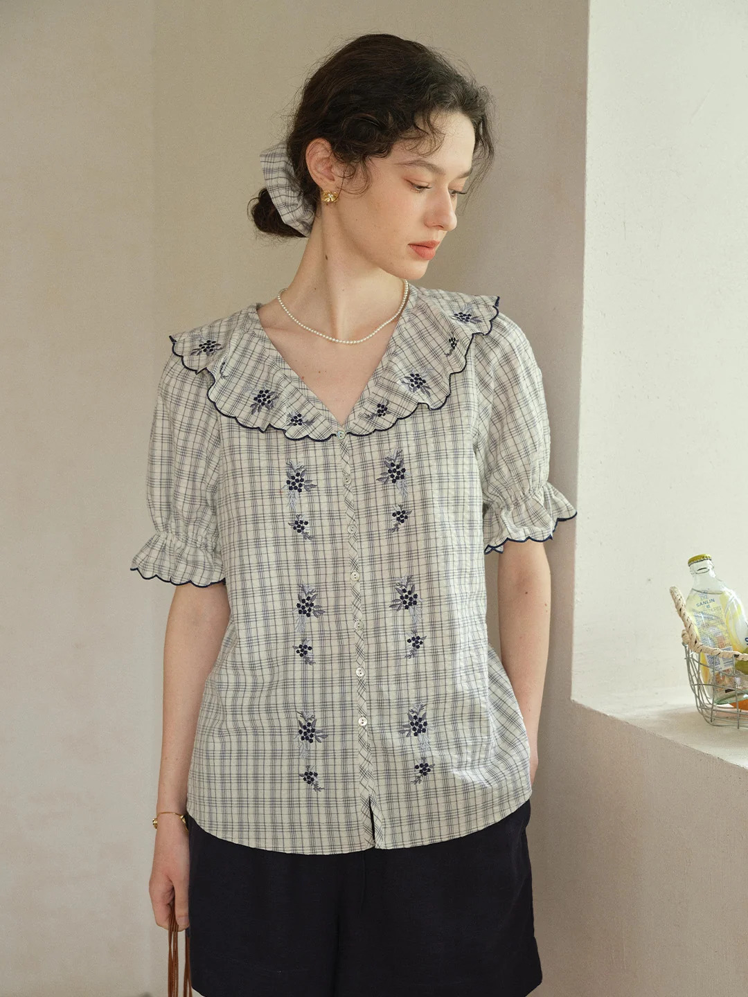 Kaia V-Neck Embroidered Plaid 100%Cotton Blouse