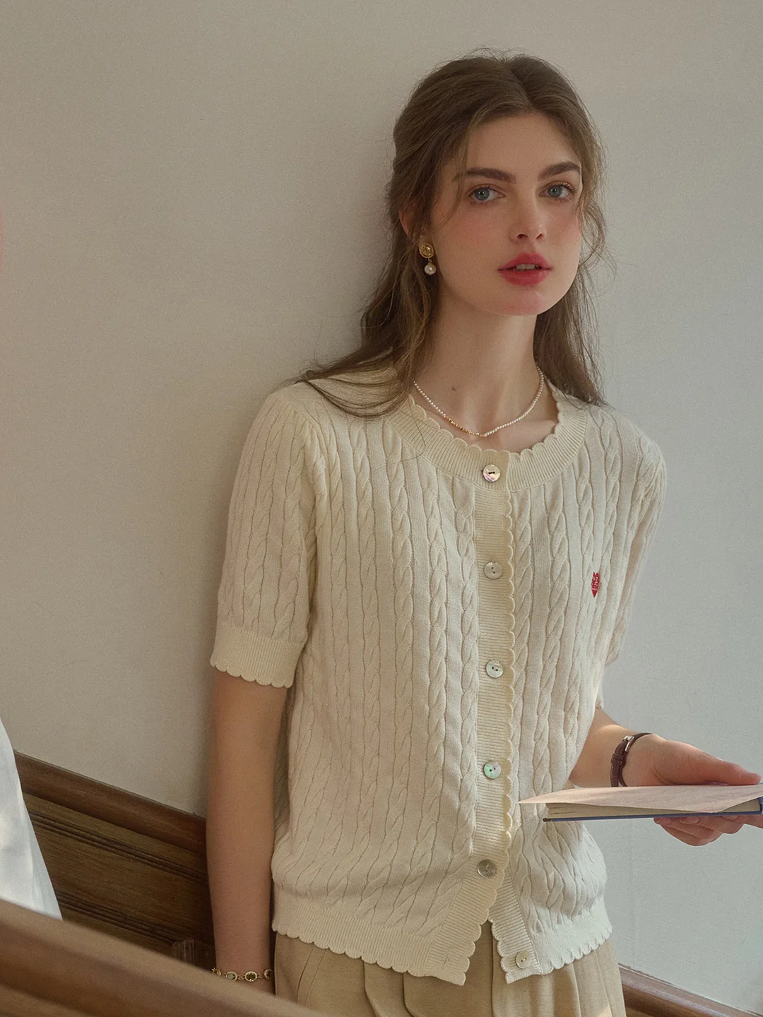 Siena Wave Neck Knit Wool Cardigan - Off White
