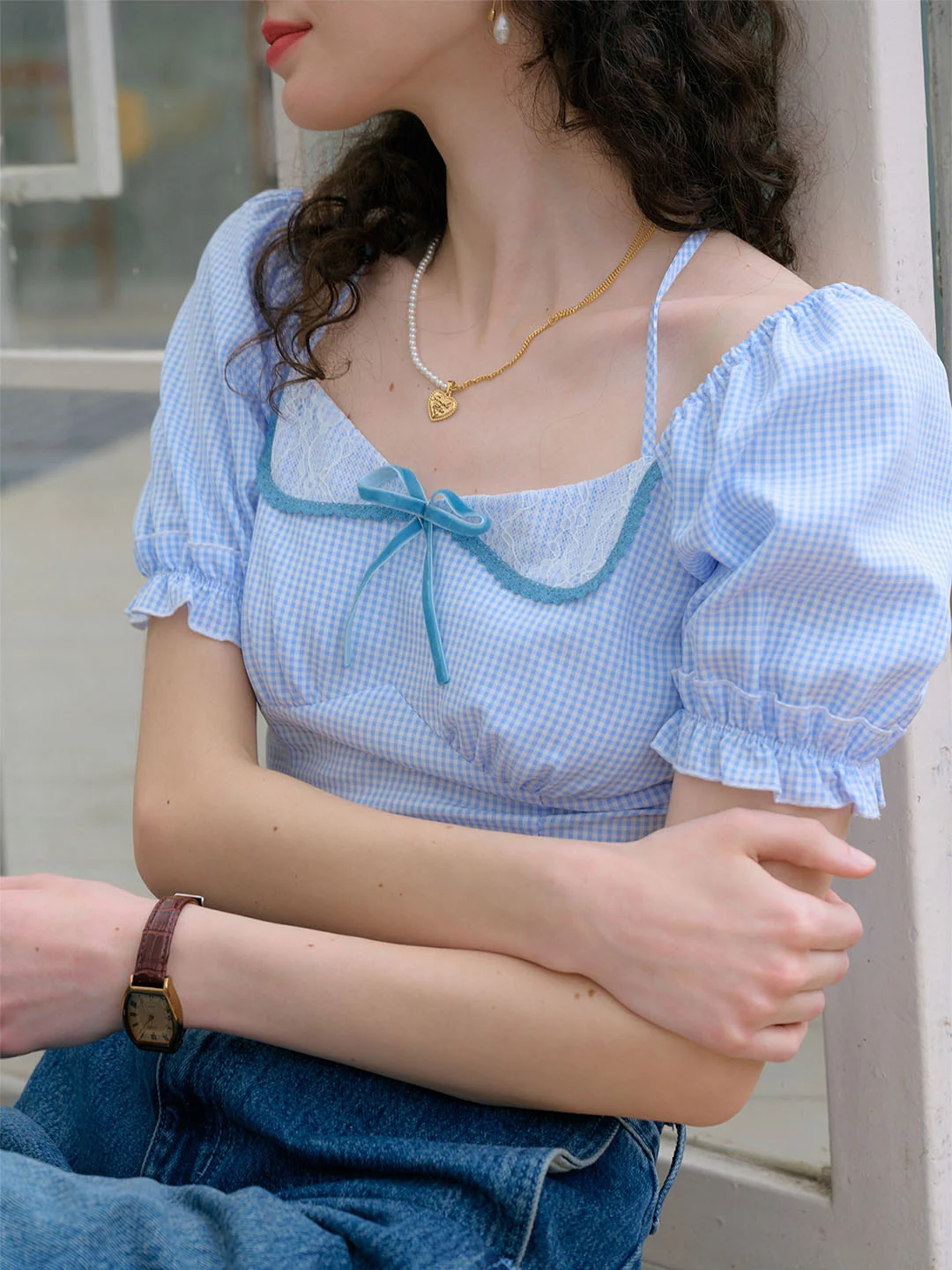 【Final Sale】Sylvie Tie Square Neck Contrasting Lace Bow Puff Sleeves Trim Plaid Blouse