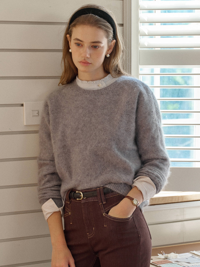 Tru Cloud-Soft Wool Round Neck Sweater Flowers Grey