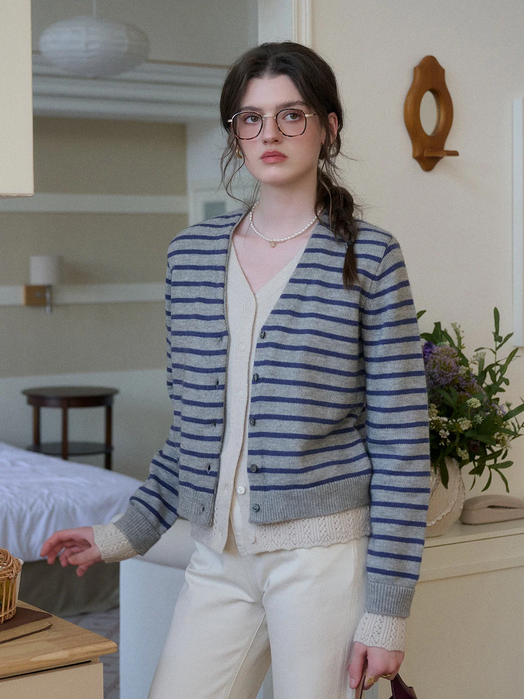 Frankie V-Neck Stripe Wool Cardigan