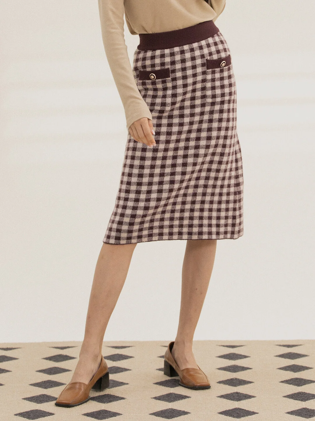 Ansley Checkerboard Midi Knitted Skirt