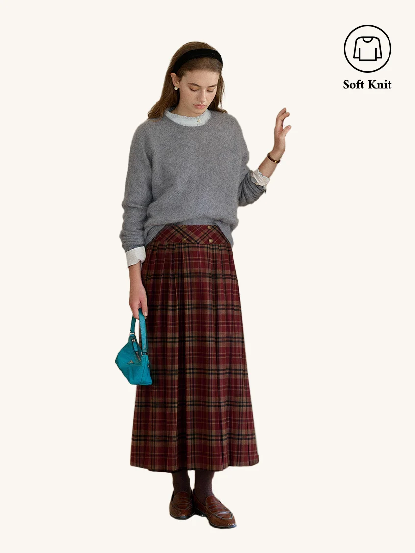2Pcs Set Tru Cloud-Soft Wool Round Neck Sweater Flowers Grey & Georgina A-Line Plaid Skirt