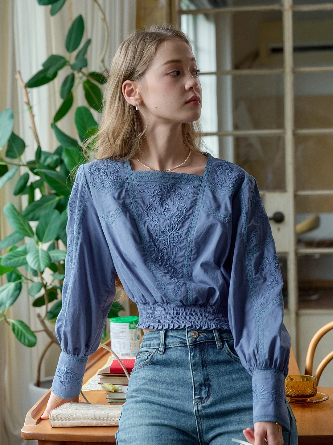 Oakley Square Neck Embroidery 100% Cotton Blouse