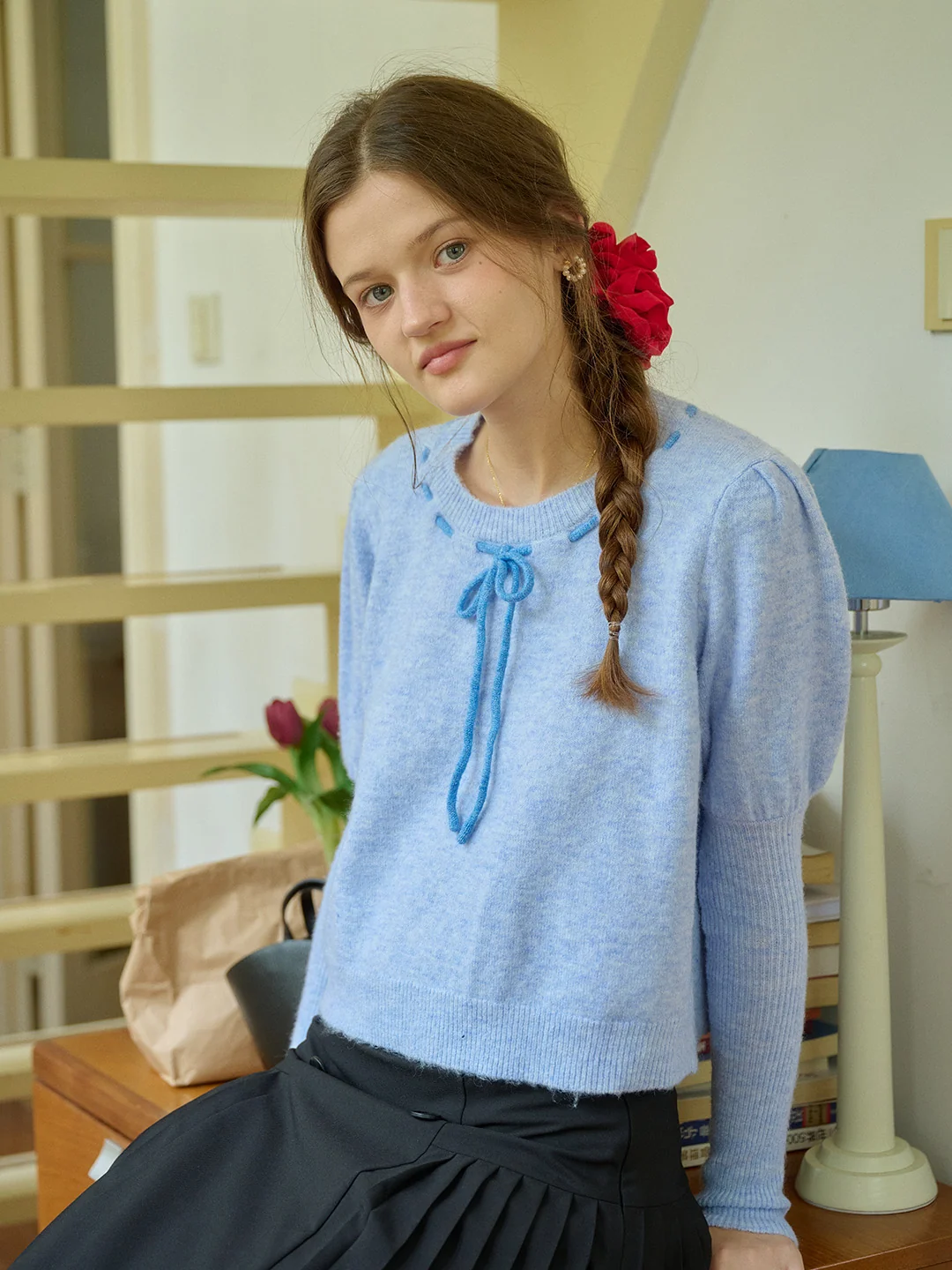 【Final Sale】Lauren Bow Tie Pullover Bubble Sleeve Sweater