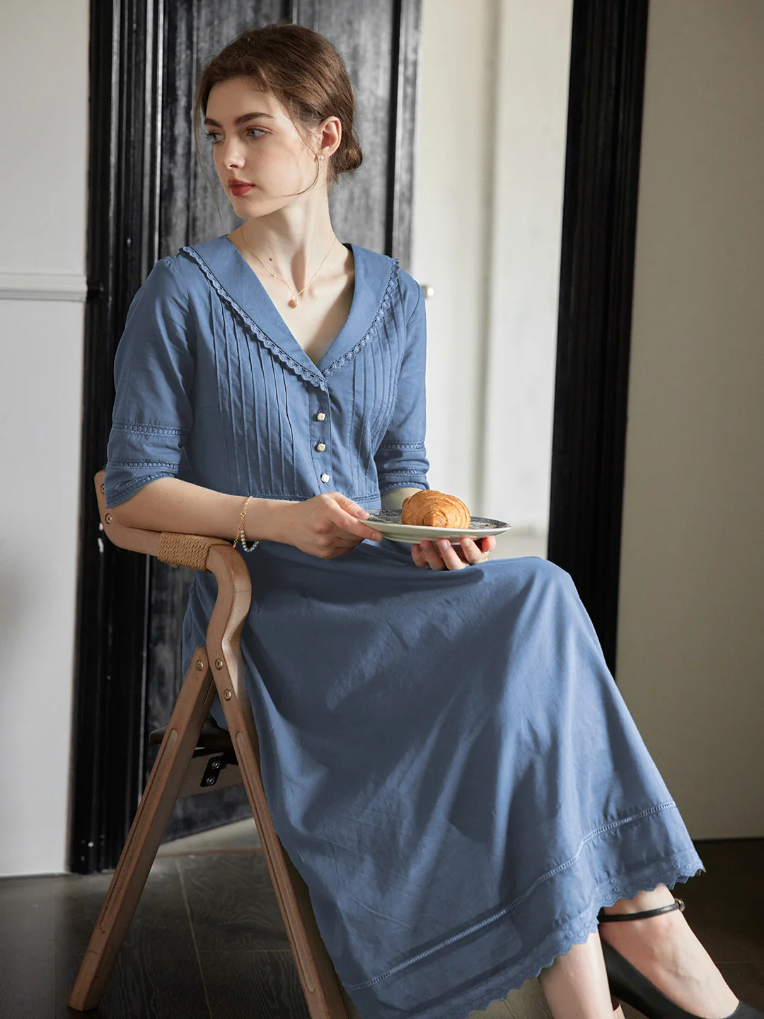 Fiona 100% Cotton Demin Blue Midi Dress