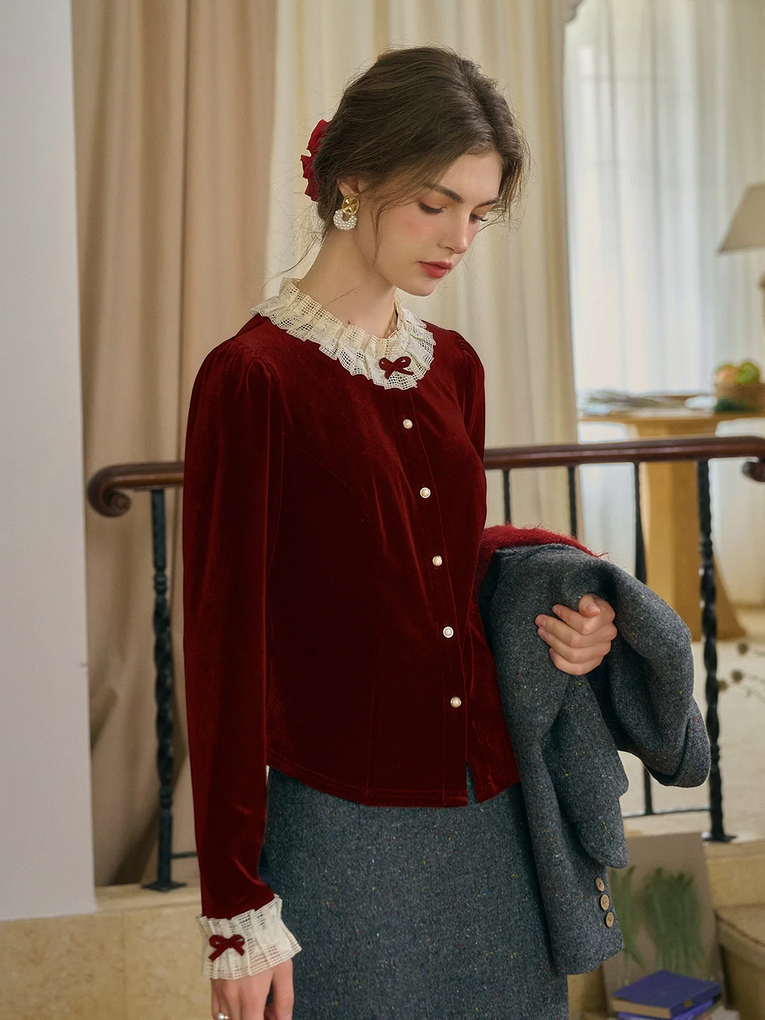 Azaria Round Collar Contrasting Lace Panel Bow Velvet Top