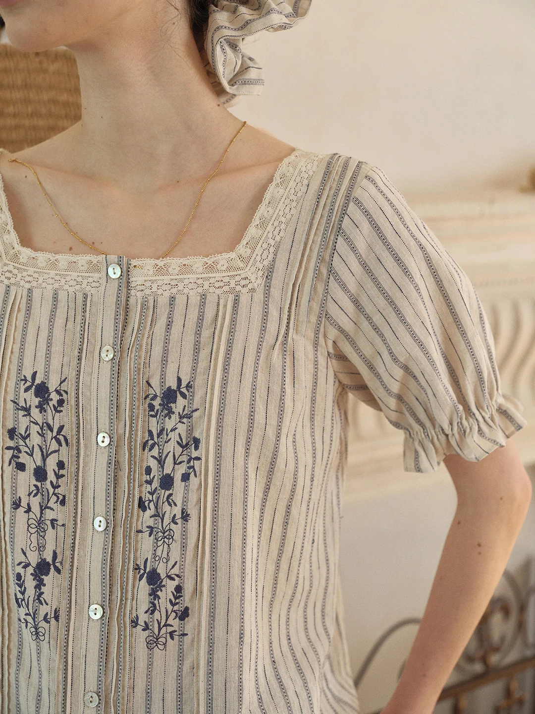 Jemma Square Neck Embroidered 100% Cotton Blouse