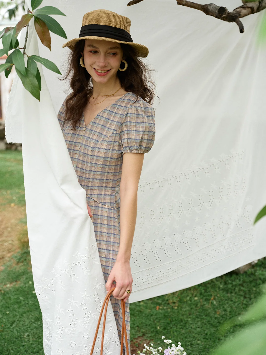 Nyra V-Neck Plaid 100% Cotton Dress
