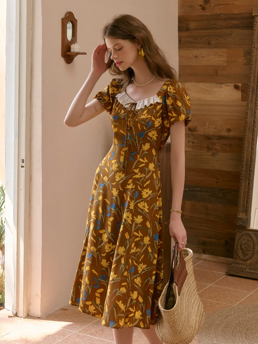 Emma Square Neck Lace Puff Sleeves Dress