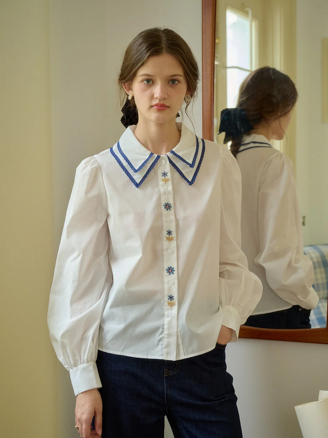 【Final Sale】Sarah Embroidery Contrast Collar Casual Shirts
