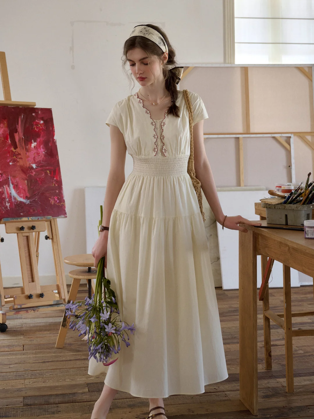 Adalyn Wavy Neck Embroidery 100% Cotton Dress