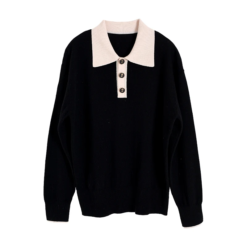 Selena Polo Contrast Collar 100% Wool Knit Sweater