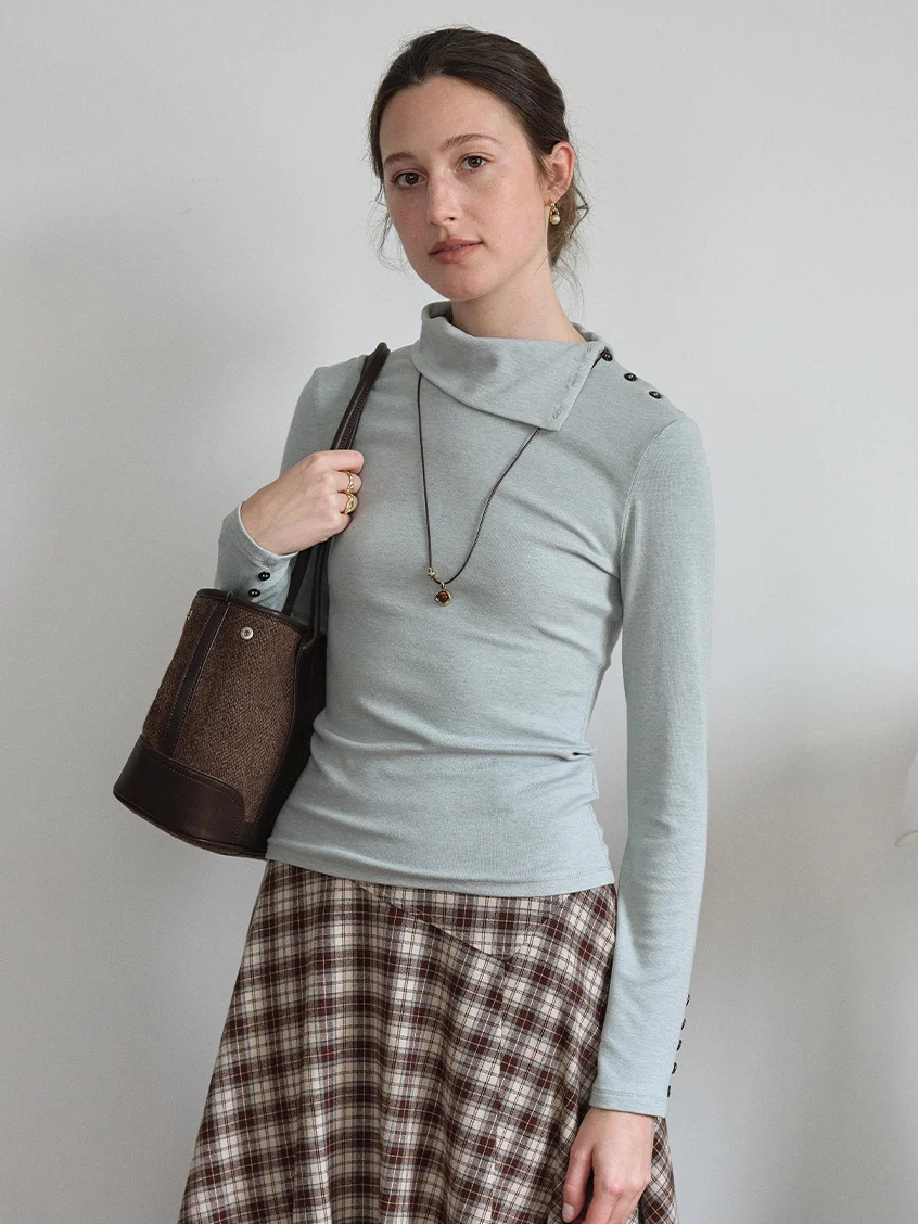 Janina Draped Collar Slim-Fit Ruched Top