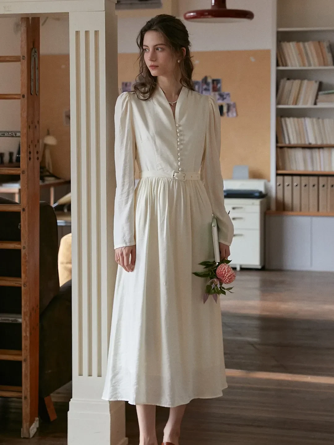 Bridget V-Neck Off White Dress